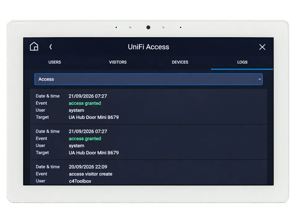 UniFi Access event logs on a Control4 T4 touchscreen