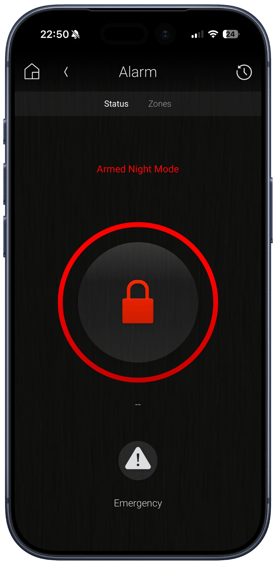 Ajax Security mobile alarm screen showing Armed Night Mode